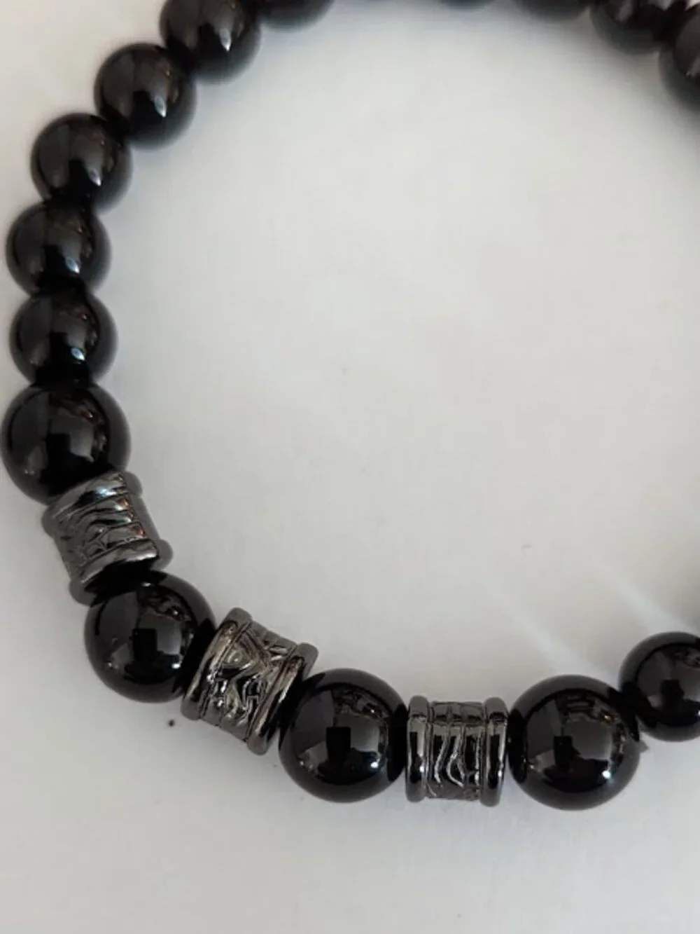 Black Leather Men Women Beaded Cuff Wristband Bracelet 3pcs Set